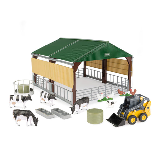 John Deere 1:32 Skid Steer with Livestock Building Set